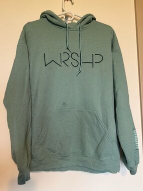 WRSHP Teal Pull Over Worship Christian Graphic Print Hooded Sweatshirt Large